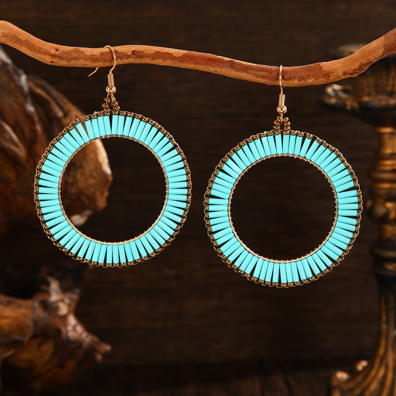 Bohemian Bead Peacock Green Earrings, Handmade